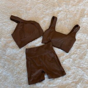 Brown Ribbed Crop Tops & Biker Short Set